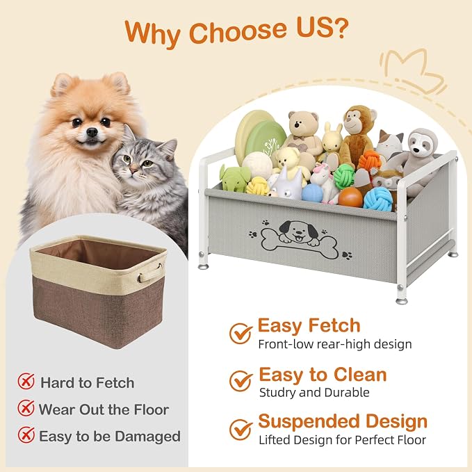Dog Toy Box for Storage, Metal Frame Oxford Fabric Pet Toy Organizer with Raised Legs, Large Capacity Dog Toy Basket with Front Low Opening, Washable and Durable Design