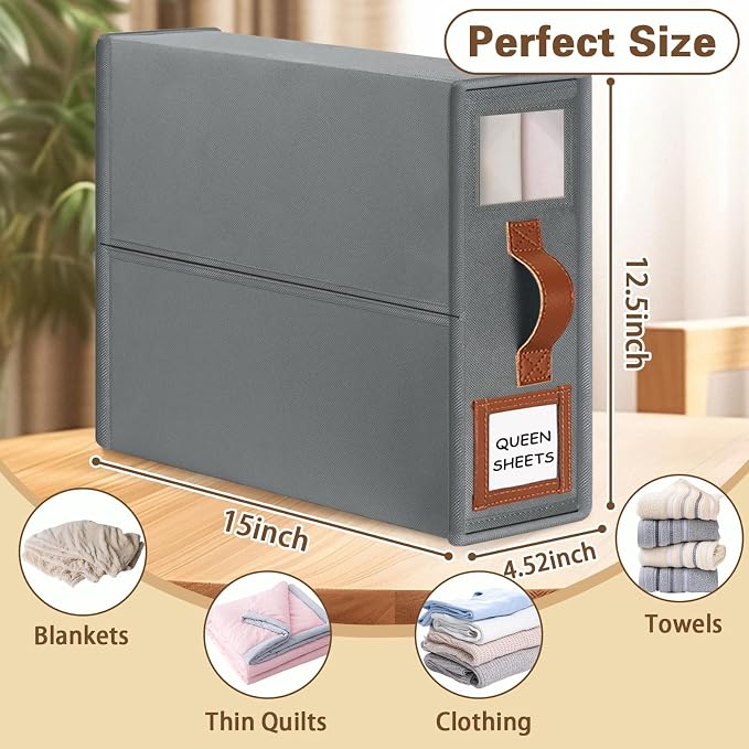 GhvyenntteS Bed Sheet Organizers and Storage, 4 Pack Closet Organizer | Foldable 800D Thickened Fabric, Clear Window & Labels, Leather Handle, Dust & Moisture Proof, Fits King & Queen Sheet Sets