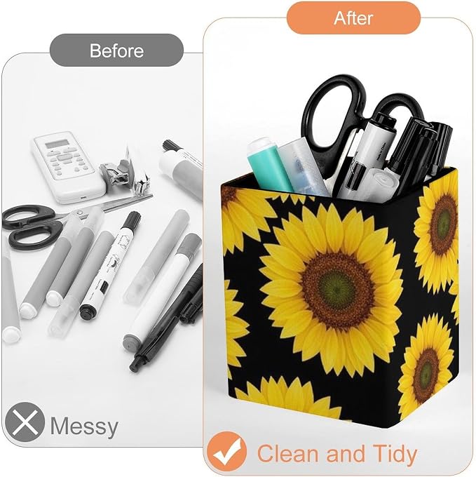 Pen Holder for Men Women, Floral Black Yellow Flowers Sunflower Pen Pencil Organizer Box Makeup Brush Holder Office Supplies Desk Accessories
