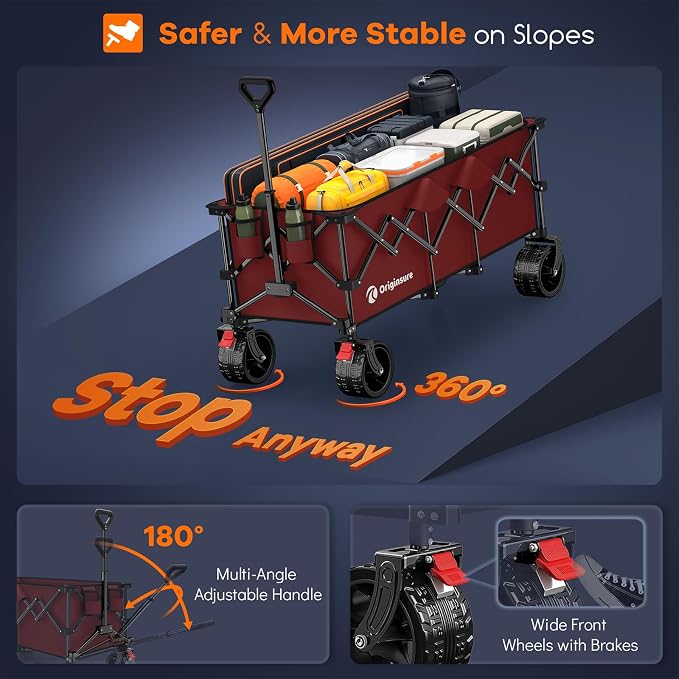Originsure 300L Beach Wagons Carts Foldable with Big Wheels, 560lbs, Red | 48" Folding Utility Wagon,7" All-Terrain Wheels,Heavy Duty Frame,Compact&Space-Saving,for Camping,Sports,Grocery,Garden
