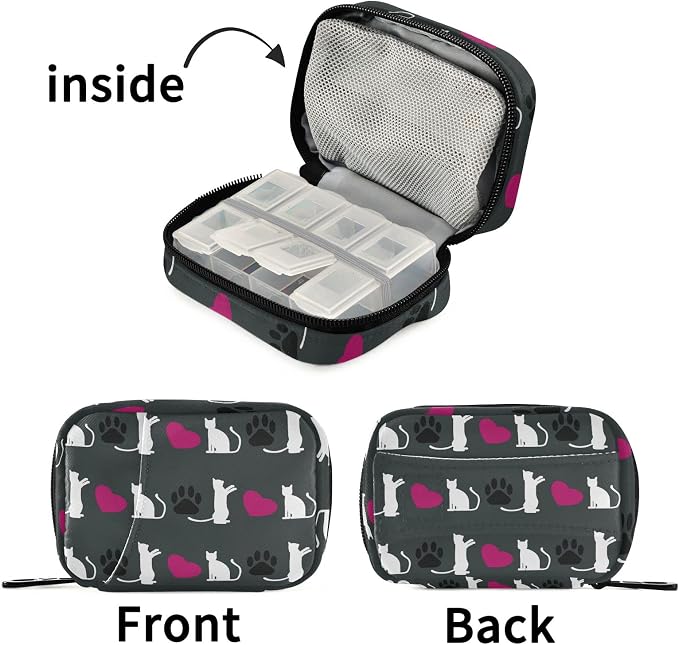 Cute Cat Heart Pill Case, Portable Weekly Pill Box Bag Container 7 Days Pill Organizer Vitamin Supplement Holder with Zipper for Travel Family Business
