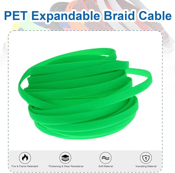 Heyiarbeit 10m/32.8ft PET Expandable Braid Cable Sleeving Flexible Wire Mesh Sleeve Fluorescent Green 8mm