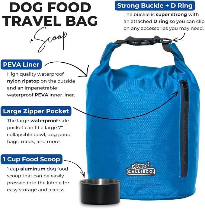 Callieco Dog Food Travel Bag w/ 1 Cup Scoop and Zipper Side Pocket | Waterproof Kibble Storage Container for Home, Road Trips, Camping, Boarding and More (Blue, 64 Cups)