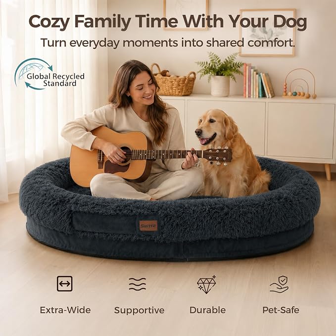 Human Dog Bed for Adult, 71"x48" Large Pet Dog Bed, Dark Grey | Adult Dog Bed for Humans with Pillow & Blanket, Fluffle Cloud Dog Bed with Orthopedic Foam Bolster, Durable Zipper, Portable