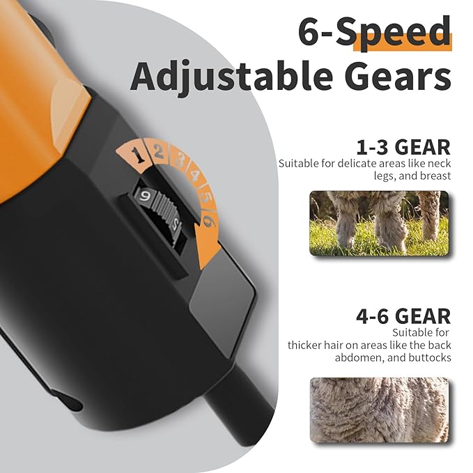 1200W Sheep Shears Clippers, 3200RPM 6-Speed Adjustable Heavy Duty Electric Sheep Shears for Dogs and Farm Livestock Grooming, 13T Blades, Professional Thick Coat Dog Clippers for Alpacas (Orange)