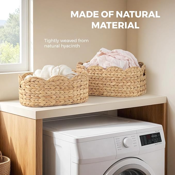 Scalloped Baskets (Natural-Set of 2), Storage Basket, Water Hyacinth Basket for Organizing and Decor, Hand-Woven Hyacinth Baskets with Built-In Handles for Living Room, Bedroom, Laundry, Pet toy,Food.