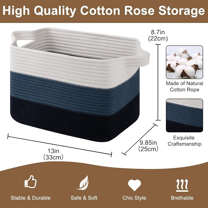 OIASKET Storage Basket for Organizing, Woven Baskets for Storage, Rectangle Decorative Baskets for Shleves, Closet, Toys, Books, Nursery Organizer Bins - Pack of 3 (Gradient Blue, 13"x9.85"x8.7")