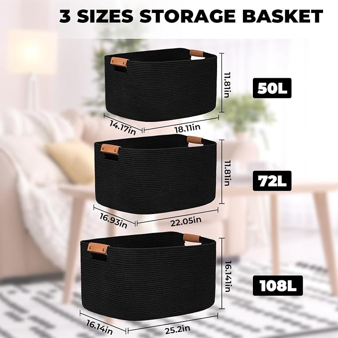 danpinera Large Blankets for Living Room, 72 L Woven Cotton Rope Baskets for Storage, Organizing Kids Toys & Dog Toys, Large Basket Organizer for Nursery, Bedroom, Bathroom, 22’’*17’’*11.8’’ Black