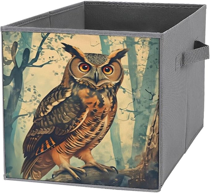 An Owl, A Quiet Forest Foldable Storage Bins, 10.6" Cube Storage Organizer, Sturdy Oxford Cloth Fabric Baskets for Closet, Shelf, Nursery, Bedroom, Decorative Printed Box for Toys & Clothes