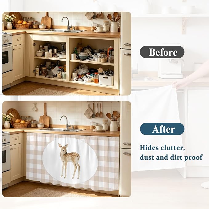 Resting Fawn Cabinet Curtains 28"x51" Sink Skirt for Bathroom Kitchen, Natural Animals Farmhouse Modern Plaid Self Stick Adhesive Under Desk Covers Tall Laundry Cabinet Storage Organizer