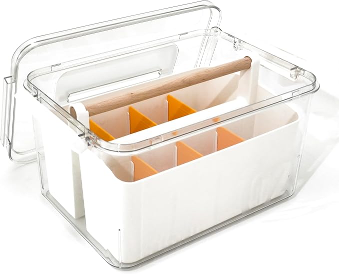 Craft Caddy with Lid and Lift-Out Portable Caddy, Orange | Art Supply Storage, Adjustable Dividers, Clear Storage Organizer, Teacher Supplies, Markers & Brushes, Stackable 11x8x7 in
