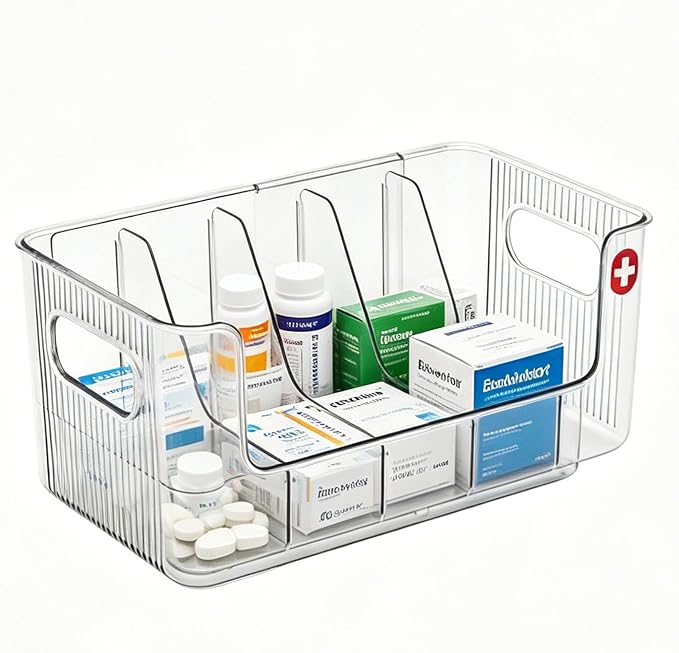 Clear Expandable Medicine Organizer for Cabinet & Countertop, Large First Aid Storage Bin with Removable Dividers, Adjustable 6-Compartment Medication Organizer Box for Bathroom Pantry