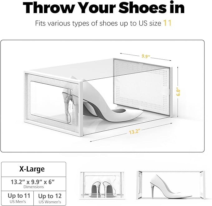 X-Large Shoe Storage Box Fit Size 11, Clear Plastic Stackable Shoe Organizer for Closet, Space Saving Foldable Shoe Rack Sneaker Container Bin Holder, 60 Pack Clear