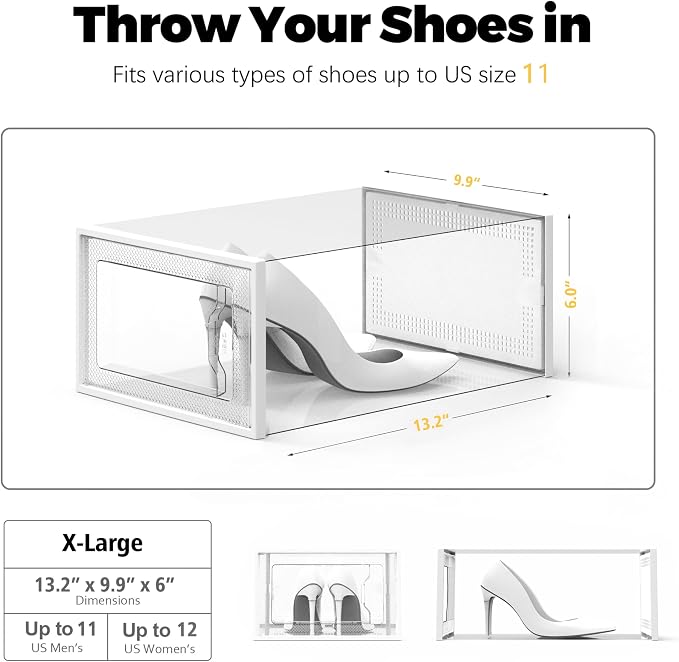 X-Large Shoe Storage Box Fit Size 11, Clear Plastic Stackable Shoe Organizer for Closet, Space Saving Foldable Shoe Rack Sneaker Container Bin Holder, 12 Pack Clear