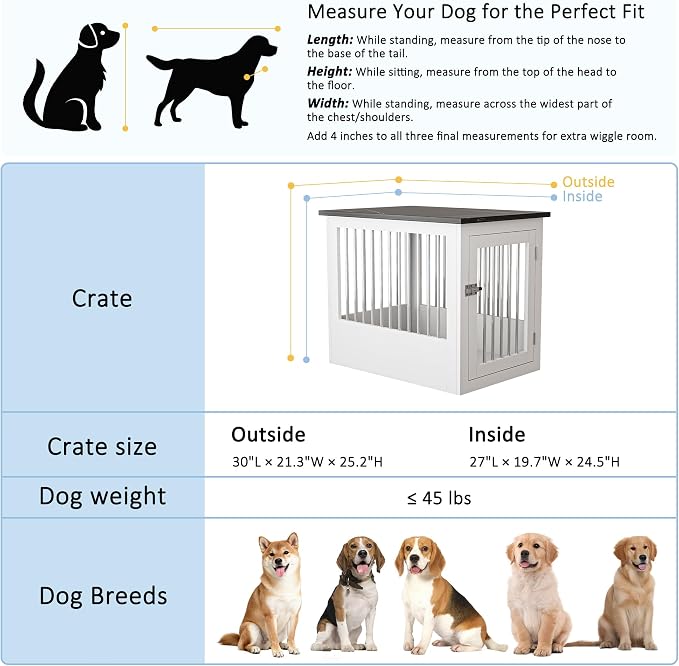 30" Wooden Dog Crate Furniture,Medium Kennel Pet Cage End Table for Indoor | for Small Medium Dogs, White and Black, Fits Living Room Bedroom, Heavy Duty Steel Frame with Lock 45 lbs Cap, 100 lbs Top.