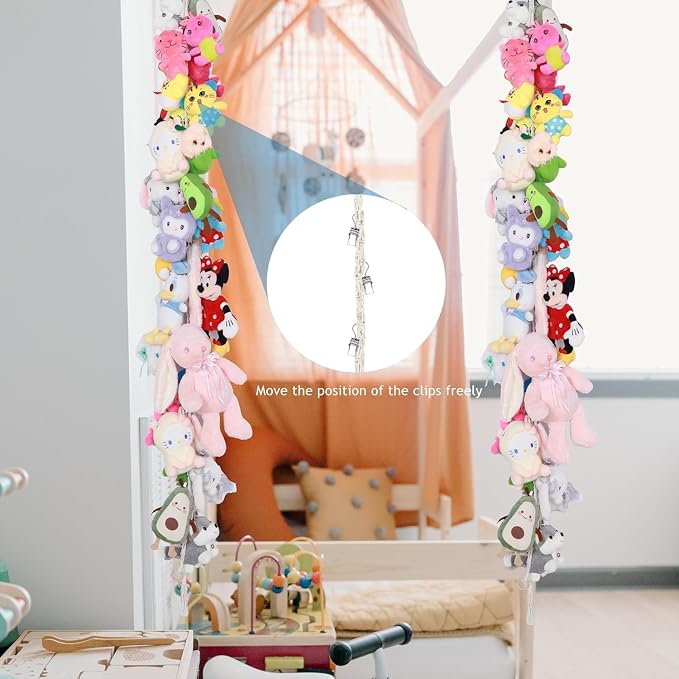 2PCS Stuffed Animals Storage Chain Organizers 80" Cotton Hanging Storage Chain with 2 Pcs Led Light 40 Metal Clips Stuffed Animal Display Holder Chain for Nursery Play Room (White)