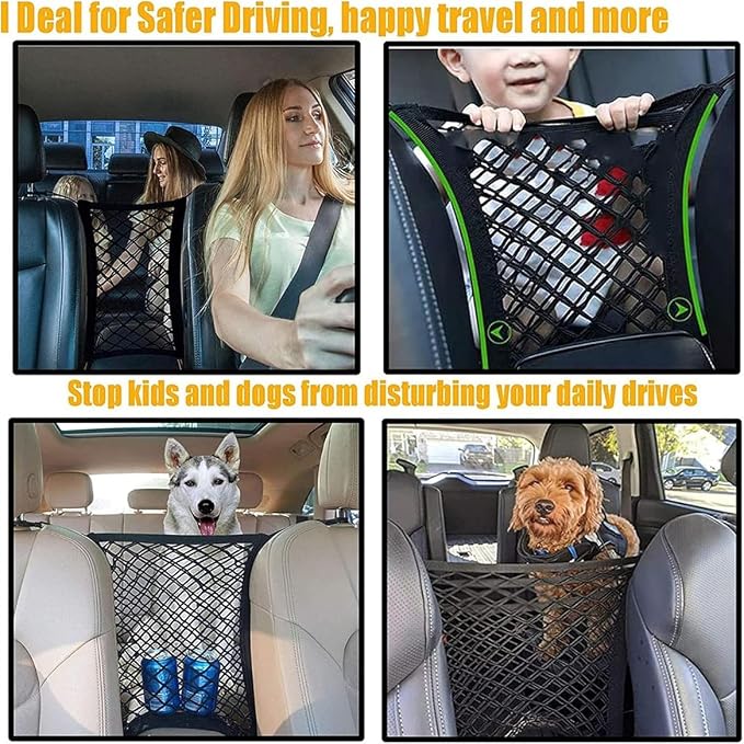 DYKESON Dog Car Net Barrier Pet Barrier with Car Mesh Organizer for Dog & Child, Safety Divider with Upgraded Storage Pouch, Easy Install for Cars & SUVs