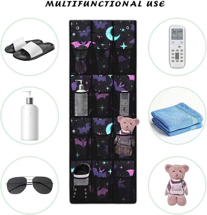 Halloween Bat Over the Door Shoe Organizer,Hanging Storage Bags with 12 Mesh Large Pockets,Behind Door Shoes Hang Holder Rack