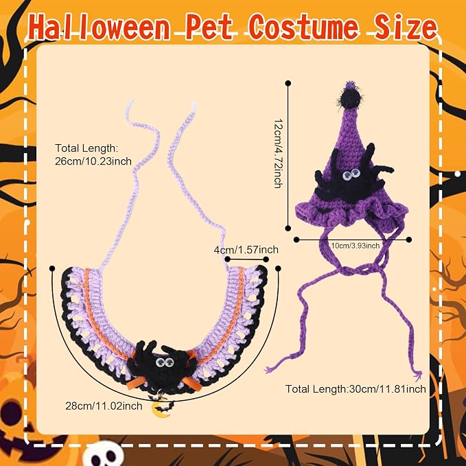 Kunyeah Halloween Pet Costume Set for Cats Small Dog Adjustable Knitted Hat Scarf Pumpkin & Witch Print Puppy Bib Cute Crochet Cat Collar Cap Pet Apparel Outfit (Purple-Spider)
