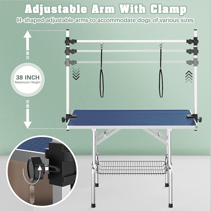42'' Stainless Steel Pet Dog Grooming Table, Arm/Noose/Tray, Blue | Foldable Dog Grooming Table for Dogs at Home, Adjustable Height Arm, Non-Slip Waterproof Tabletop, Capacity 330Lb