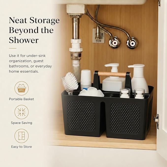 Haundry Plastic Shower Caddy with Wooden Handle, Portable 3-Compartment Bathroom Organizer Basket with Drainage Holes, Quick Dry Shower Basket for Dorm, College, Cleaning Supplies