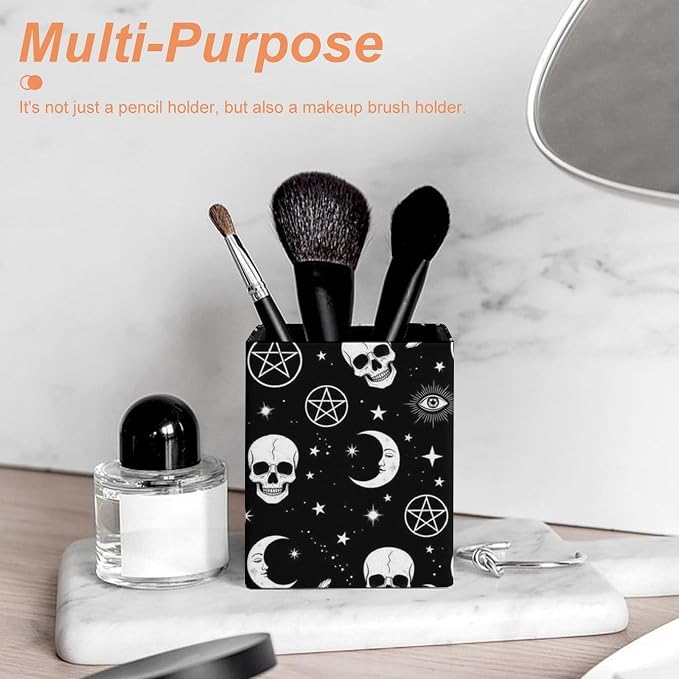 Pen Pencil Holder for Desktop, Pu Leather Stationery Organizer Goth Raven Crow Skull Moon Star Gothic Witch Eyes Square Pencil Cup Office Accessories Container Box
