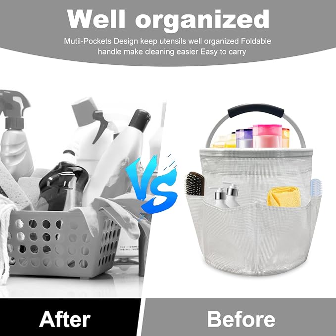 17L Cleaning Caddy with Handle, Foldable Cleaning Supply Caddy with 6 Pockets Cleaning Caddy Bag for Outdoor Camping Garden Harvest Basket Bathroom Storage (Clear)
