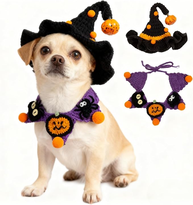 Halloween Dog Costume - Black Witch Hat & Halloween Outfit for Rabbits,Cats and Small Sized Dogs,Handmade Festive Halloween Pet Apparel with Pumpkin Design,Perfect for Dog & Cats