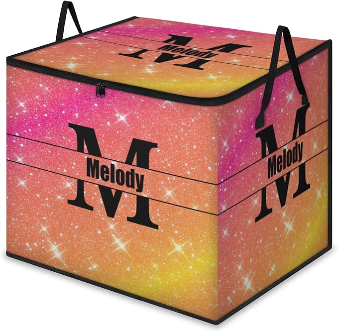 Custom Storage Baskets Cubes for Home with Name, Initial letter Large Foldable Organizer Storage Bins for Home Blanket Comforters Clothes Closet Nursery, Pink Yellow Orange Bling Shiny Stars