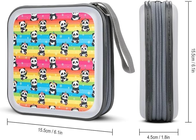 CD Cases 40 Capacity Rainbow Panda Hard Shell Case DVD Holder Wallet | Disc Organizer Storage Binder, Rainbow Cute Unicorns Panda Portable Zipper and Strap, for Home Car Travel