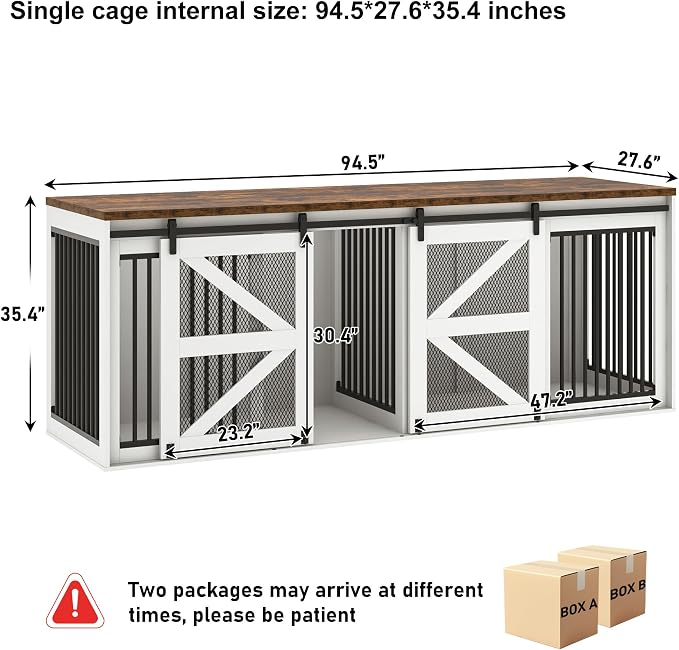 jiteentarou95In Farmhouse Dog Crate TV Stand, Wooden Dog Kennel Furniture with Sliding Metal Mesh Barn Door, Large Dog Crate Furniture for 2 Dogs, Solid Metal Tube & 2 Lockable Doors, White & Brown