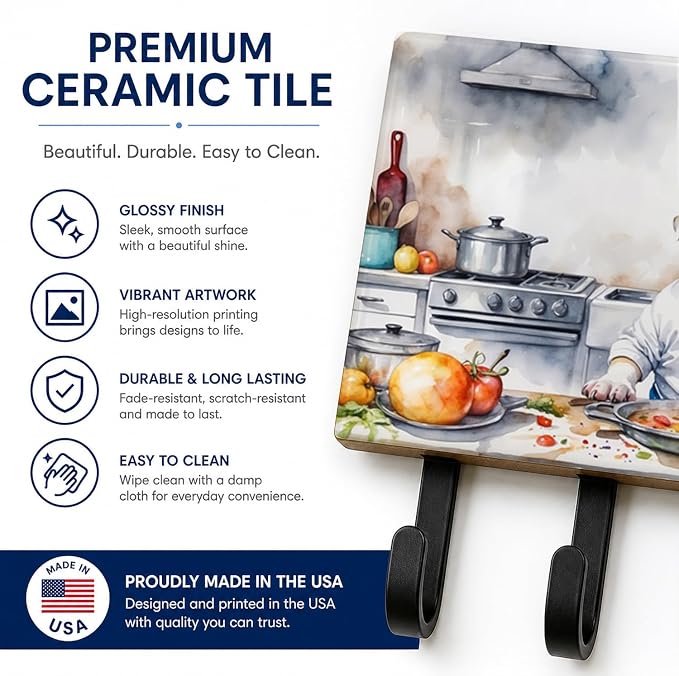 Caroline's Treasures English Bulldog The Chef Leash or Key Holder Wall Hooks, Key Hooks Holder, Coat Rack Wall Mount, Coat Hooks, Hooks for Hanging Keys, Towels, Aprons, Leashes | English Bulldog The Chef artwork on ceramic tile with three steel hooks ...
