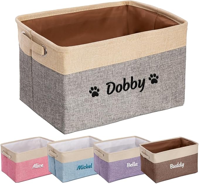 Ulico Collapsible Pet Storage Organizer, Personalized Dog Toy Bin with Handles - Custom Pet's Name Gift, Gray
