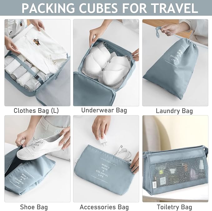 KPX 8 Set Packing Cubes for Travel, Luggage Packing Organizers Accessories Large Toiletries Bag for Clothes Shoes Cosmetics (Grey)
