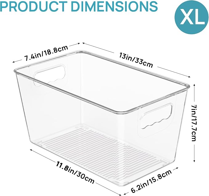 Vtopmart 6 Pack Clear Storage Bins, Pantry Storage Bins with Handle, XL | Plastic Pantry Organizer Containers for Kitchen, Refrigerator, Fridge, Cabinet, Countertops, Home Organization and Storage