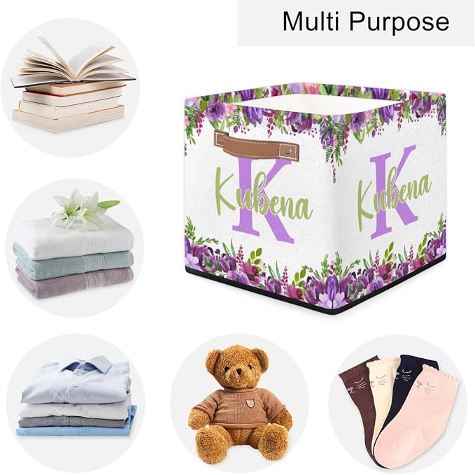 Personalized Name-Initial Purple Flower Storage Baskets for Girls Women, Custom Portable Square Storage Bins with Handles Foldable Organizer for Clothes, Toys, Blanket, Towel,Pet 13”