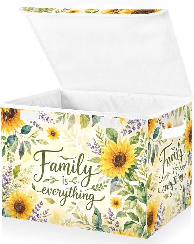 Sunflower Fabric Storage Bins with Lid Foldable Storage Boxes 40L Baskets | Foldable & Stackable, Flip Top Dust Guard, Reinforced Handles, Home & Bedroom, Clothes & Toys, Oxford Print Basket