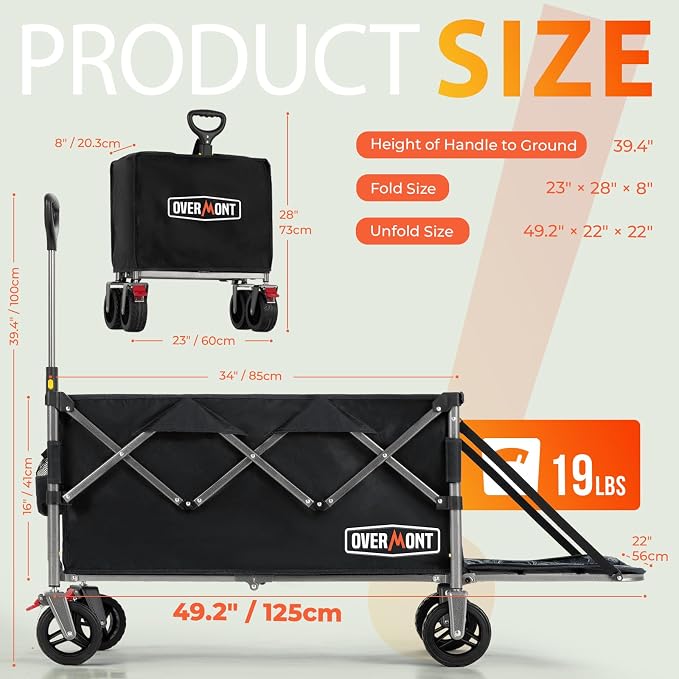 Overmont Folding Wagon with Tailgate, 300 lb Heavy Duty Collapsible Wagon Cart | Extends to 49.2 in for Tents and Canopies, Folds to 1/4 Size, Rolls on All-Terrain Swivel Wheels with Dual Brakes
