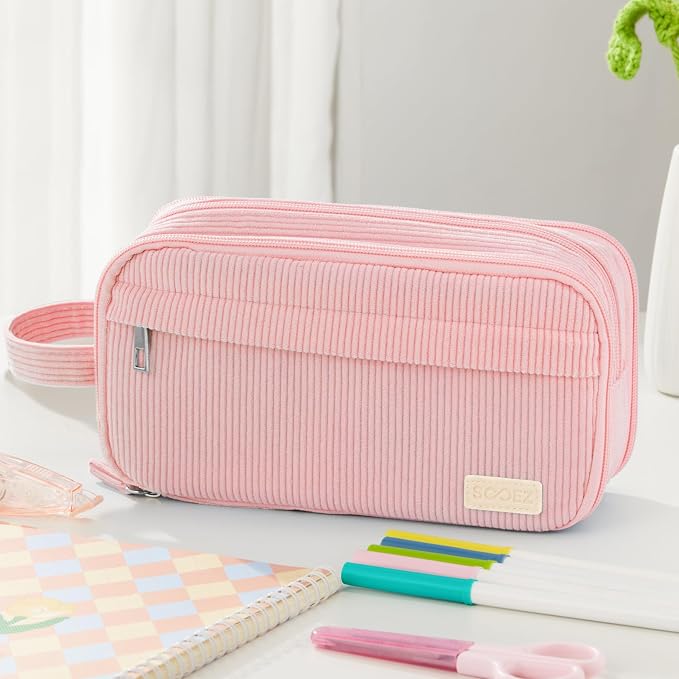 Sooez High Capacity Pencil Case, Soft Corduroy Pencil Pouch with 4 Compartments, Multiple Pockets, Large Pencil Bag with Sturdy Zipper, Cute Pencil Case Pouch Organizer for Student Teen Girls, Pink