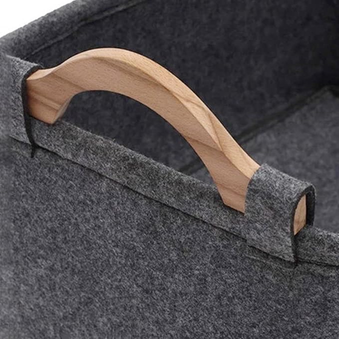 Toy Basket for Dogs Felt Cute Foldable Organizer with Wooden Handle | Pet Toy Basket for Kids Blankets Collars Leashes Indoor Outdoor Home Garage Dorm Traveling Laundry Room