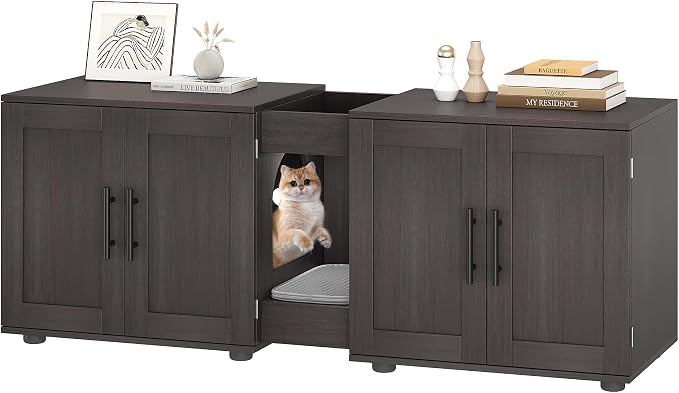 55" Cat Litter Box Enclosure Furniture, Wooden Hidden Litter Box Cabinet with Barn Door & Double Rooms, 3 in 1 Large Cat Litter Cabinet Pet Furniture for Living Room & Bedroom