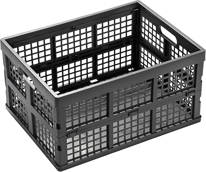 Eslite 34L Large Plastic Folding Storage Crates,Collapsible Crates for Storage,Pack of 3 (Grey)