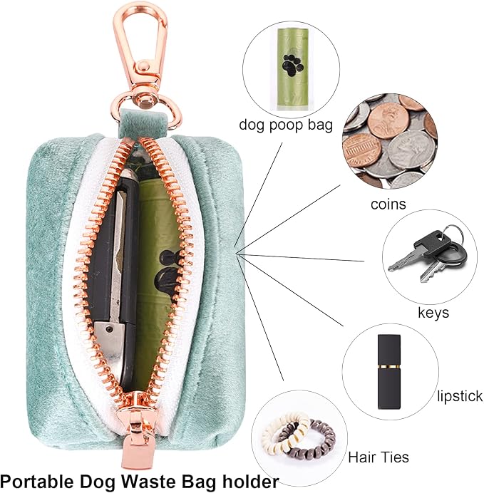 ARING PET Dog Waste Bag Dispenser, Velvet Green Doggy Poop Bags Holders Attach to Any Leashes, Portable Washable Pet Waste Pouch Dispenser with Metal Zipper