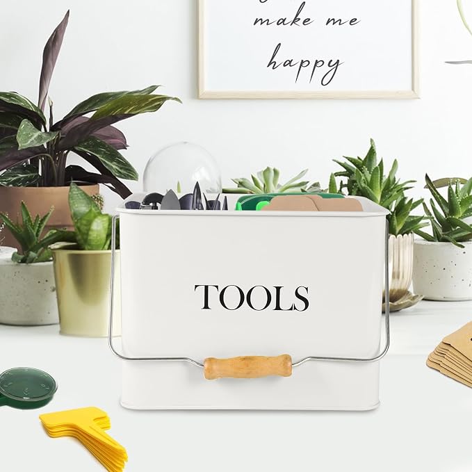 Garden Tool Organizer - Metal 3-Compartment Caddy With Handle, Indoor/Outdoor Use - White