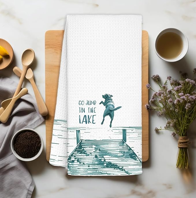 Green Lake House Decor Dish Towels,Lake House Gifts,Funny Lake Dog Kitchen Towels Decorative,Dog Lover Mom Gifts Hand Towels Drying Cloth for Kitchen Bathroom Decor,16x24 Inch