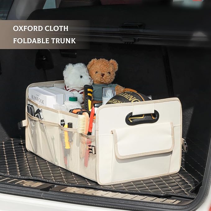 Car Trunk Organizer, Collapsible Car Organizers and Storage Large Beige | Sturdy, Strong Capacity, Clean Decor, Multi Compartment Container Box, Adjustable Car Accessories for SUV Sedan Truck