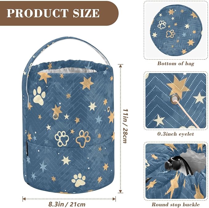 Fustylead Beautiful Shooting Stars and Paw Prints Yarn Knitting Crochet Drawstring Bag with Customized Front Compartment, Portable Large Storage Basket for Crocheting Project, Kit, Yarn Ball, Needles