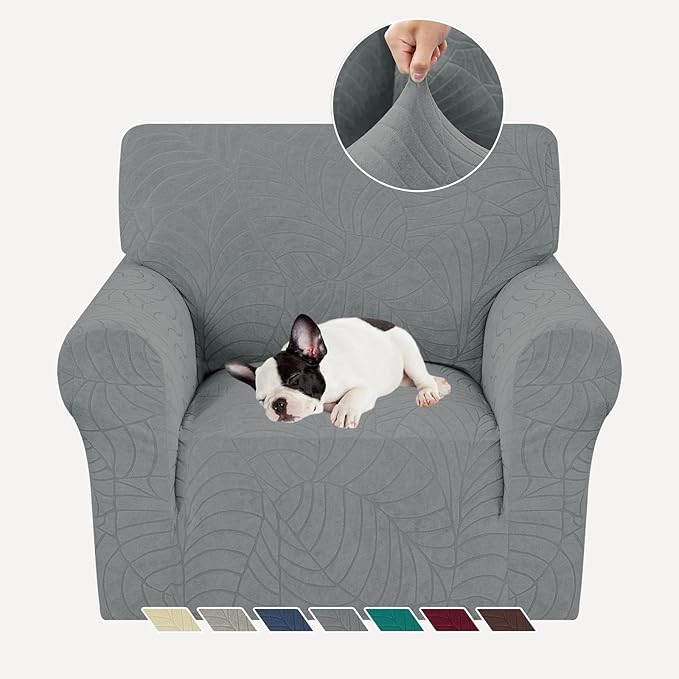 YEMYHOM Couch Cover Latest Jacquard Design High Stretch Sofa Chair Covers for Living Room, Pet Dog Cat Proof Armchair Slipcover Non Slip Elastic Furniture Protector (Small, Begonia Leaf Dark Gray)
