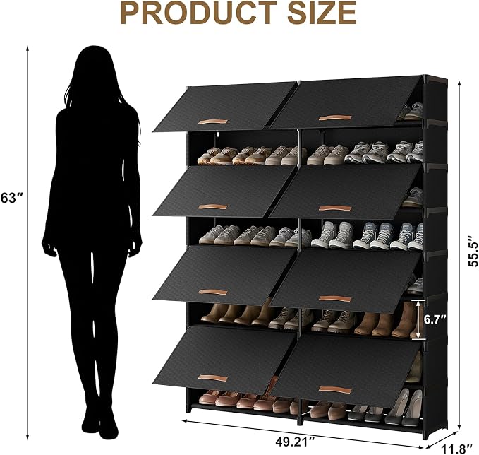 2 by 9 Tier Shoe Cabinet, 54-Pair Storage for Closet,Black | Max Capacity for Large Families, Remove Layer for Boots, Split into 2 Units, Door Blocks Dust & Pets