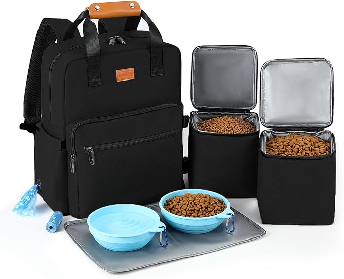 DELOMO Dog Travel Bag, 25L Airline Approved Dog Travel Backpack Set, Black | 2 Food Containers + 2 Collapsible Bowls + 1 Waterproof Mat, for Weekend to Week-Long Pet Travel, Camping, Road Trips